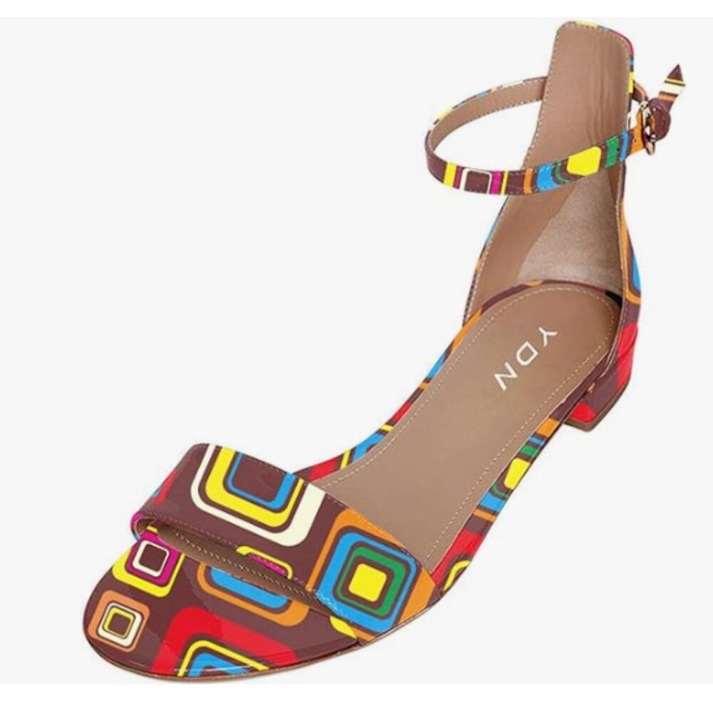 YDN Block Print Block Low Heel Sandals Open Toe Ankle Strap Walking Dress Shoes